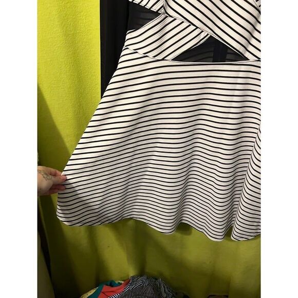 Material Girl Mesh Striped Skater Dress XL Black White Cutouts Flare Long Sleeve - Picture 3 of 5